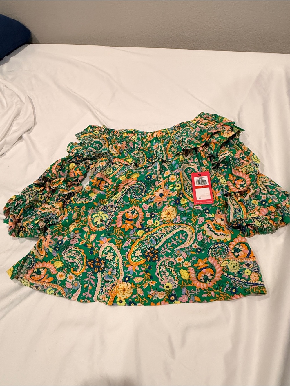 Vince Camuto Green Paisley Floral Off-the-Shoulder Ruffle Top